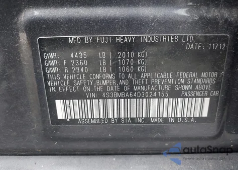 2013 Subaru Legacy 2.5I from USA, damaged, VIN 4S3BMBA64D3024155